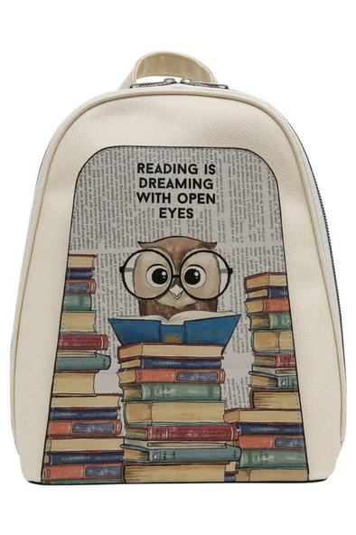 Kadın Vegan Deri Beyaz Sırt Çantası - The Wise Owl (BEYAZ) Tasarım