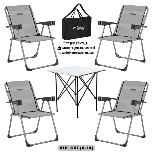 4 Adet Katlanır Kamp Sandalyesi ve Alüminyum Masa Seti - Rock Silver - Kül Gri - Taşıma Çantalı ürün görseli