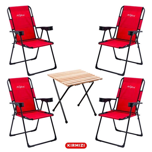 4 Adet Katlanır Kamp Sandalyesi ve Masa Seti - Rest - Kırmızı - 130 KG Taşıma ürün görseli