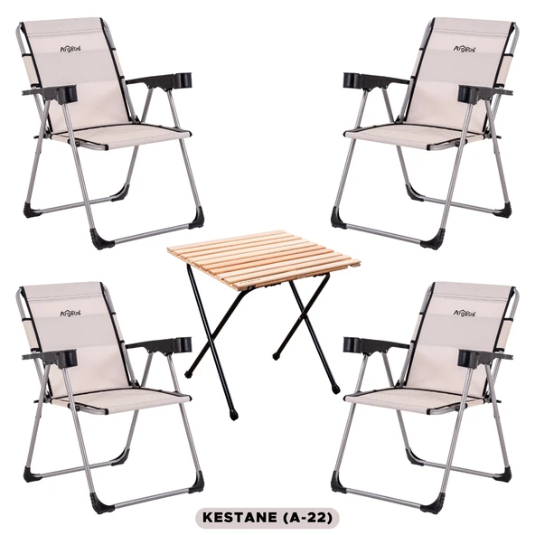 4 Adet Katlanır Kamp Sandalyesi ve Masa Seti - Rock - Kestane - Bardaklıklı - 140 KG