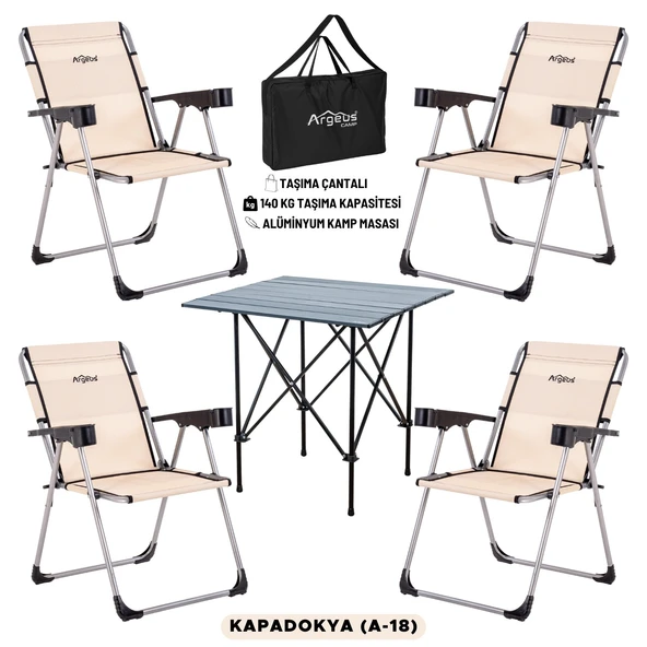 4 Adet Katlanır Kamp Sandalyesi ve Alüminyum Masa Seti - Rock Dark - Kapadokya - Taşıma Çantalı