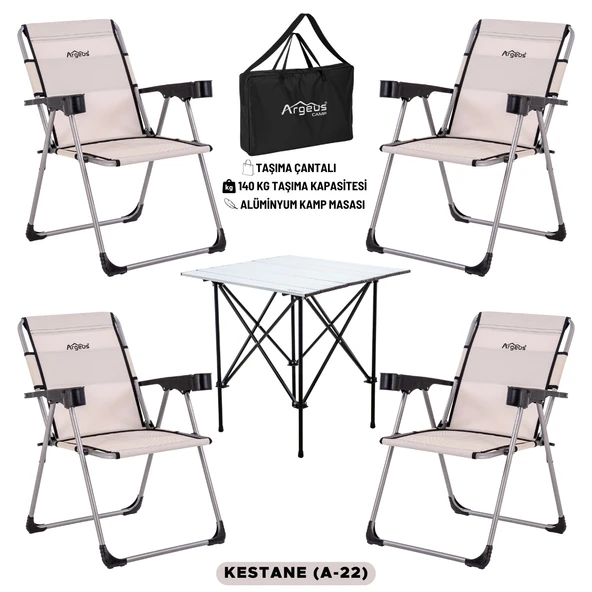4 Adet Katlanır Kamp Sandalyesi ve Alüminyum Masa Seti - Rock Silver - Kestane - Taşıma Çantalı ürün görseli