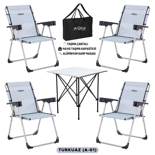4 Adet Katlanır Kamp Sandalyesi ve Alüminyum Masa Seti - Rock Silver - Turkuaz - Taşıma Çantalı