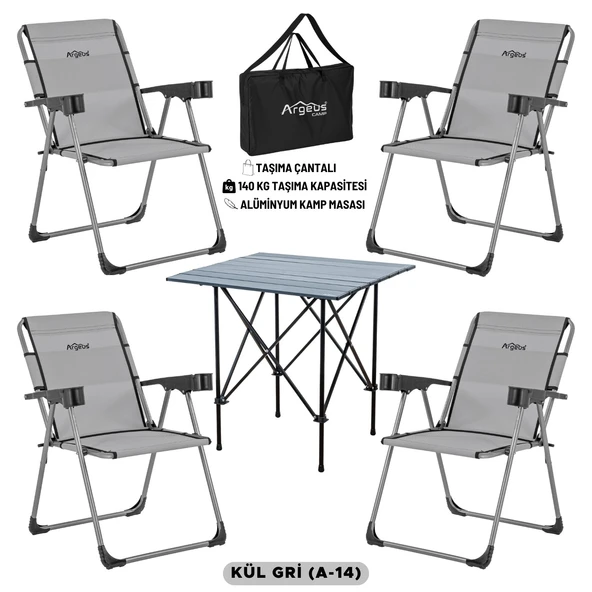 4 Adet Katlanır Kamp Sandalyesi ve Alüminyum Masa Seti - Rock Dark - Kül Gri - Taşıma Çantalı