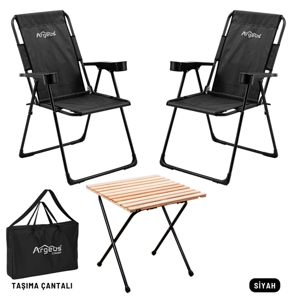 2 Adet Katlanır Kamp Sandalyesi ve Masa Seti - Rest - Taşıma Çantalı - Siyah - 130 KG Taşıma ürün görseli