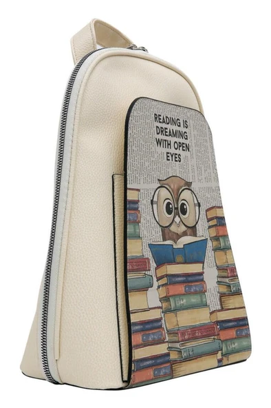 Kadın Vegan Deri Beyaz Sırt Çantası - The Wise Owl (BEYAZ) Tasarım - 2