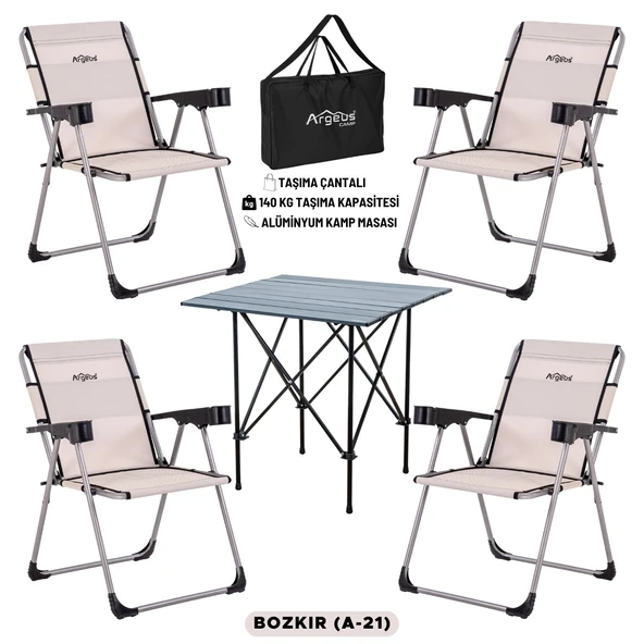 4 Adet Katlanır Kamp Sandalyesi ve Alüminyum Masa Seti - Rock Dark - Bozkır - Taşıma Çantalı