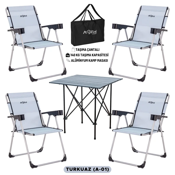 4 Adet Katlanır Kamp Sandalyesi ve Alüminyum Masa Seti - Rock Dark - Turkuaz - Taşıma Çantalı ürün görseli