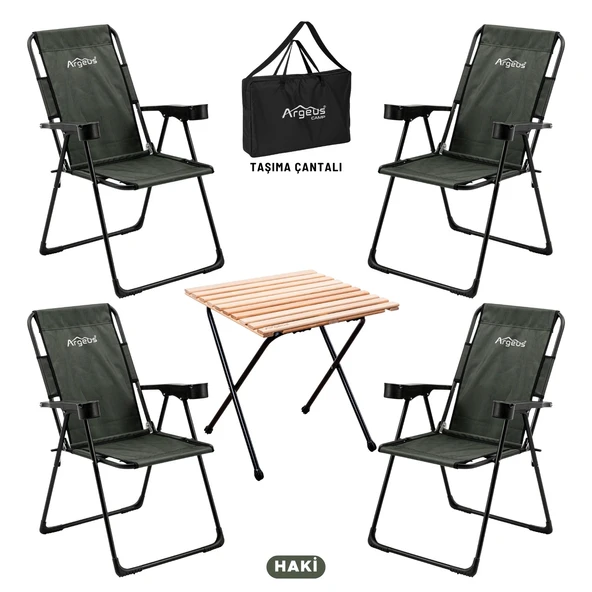 4 Adet Katlanır Kamp Sandalyesi ve Masa Seti - Rest - Taşıma Çantalı - Haki - 130 KG Taşıma