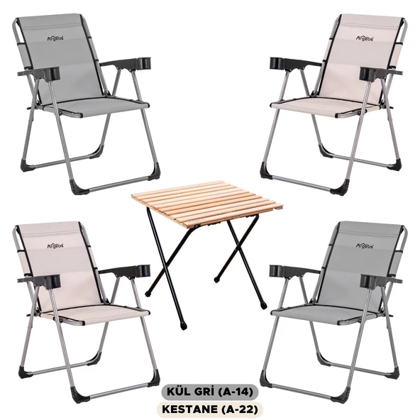 4 Adet Katlanır Kamp Sandalyesi ve Masa Seti - Rock - Kül Gri / Kestane - Bardaklıklı - 140 KG