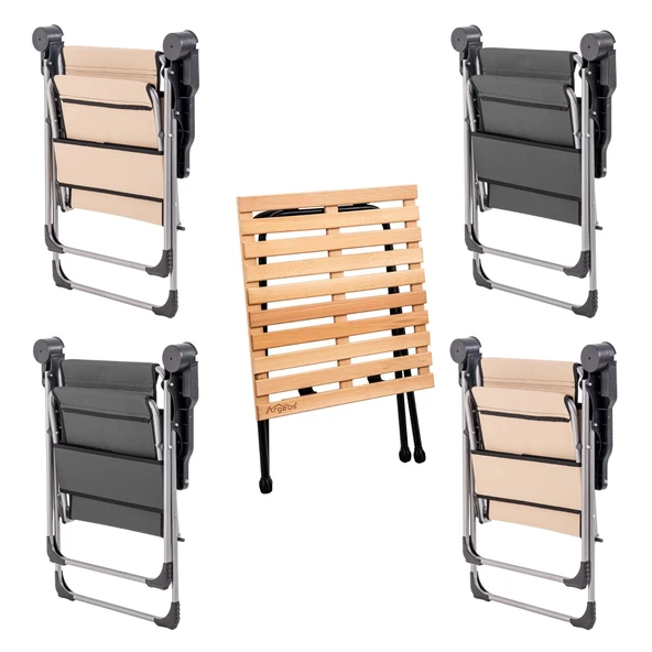 4 Adet Katlanır Kamp Sandalyesi ve Masa Seti - Rock - Bej/Antrasit - Bardaklıklı - 140 KG - Resim 2