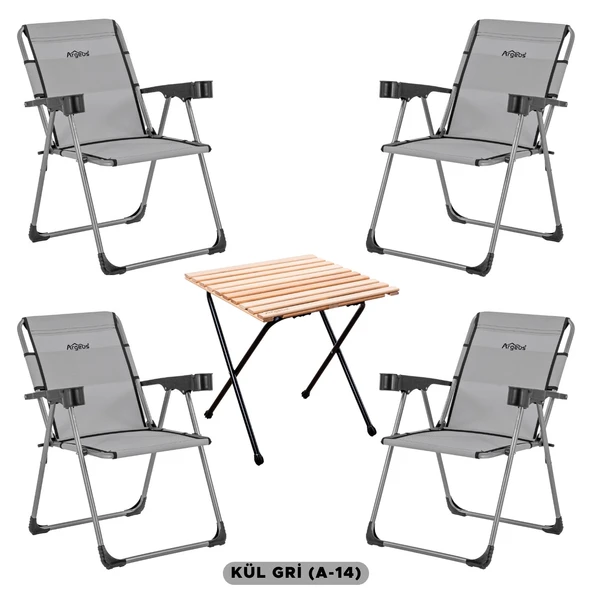 4 Adet Katlanır Kamp Sandalyesi ve Masa Seti - Rock - Kül Gri A14 - Bardaklıklı - 140 KG