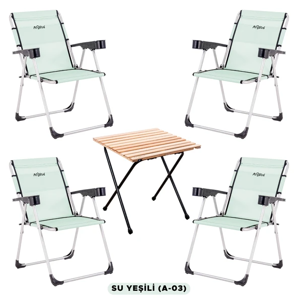 4 Adet Katlanır Kamp Sandalyesi ve Masa Seti - Rock - Su Yeşili - Bardaklıklı - 140 KG