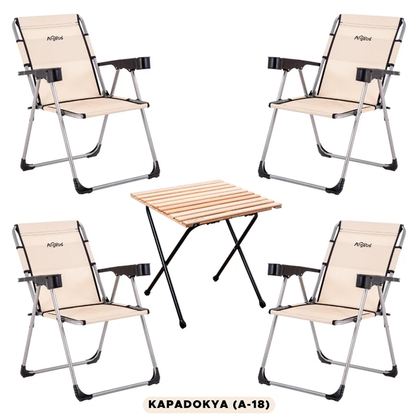 4 Adet Katlanır Kamp Sandalyesi ve Masa Seti - Rock - Kapadokya - Bardaklıklı - 140 KG