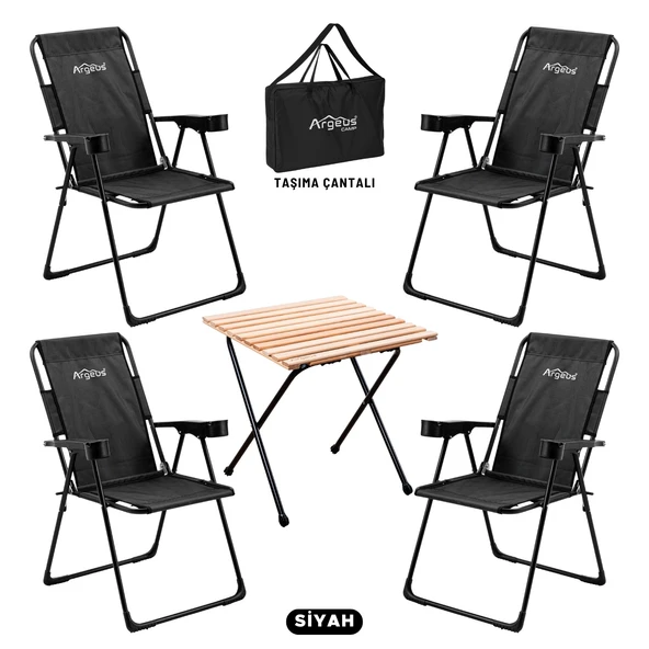 4 Adet Katlanır Kamp Sandalyesi ve Masa Seti - Rest - Taşıma Çantalı - Siyah - 130 KG Taşıma
