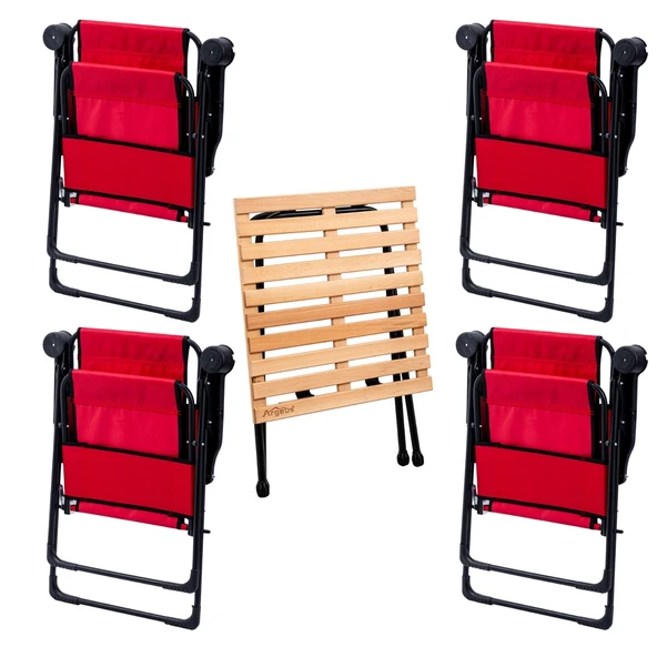 4 Adet Katlanır Kamp Sandalyesi ve Masa Seti - Rest - Taşıma Çantalı - Kırmızı - 130 KG Taşıma - 2