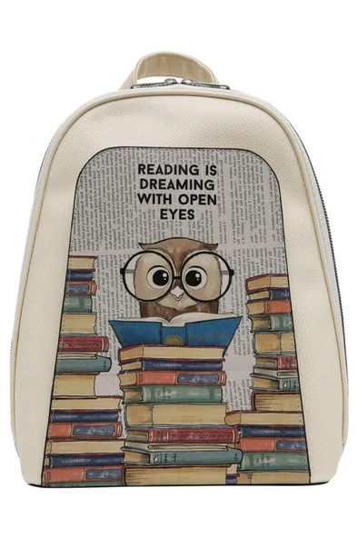 Kadın Vegan Deri Beyaz Sırt Çantası - The Wise Owl (BEYAZ) Tasarım - 3