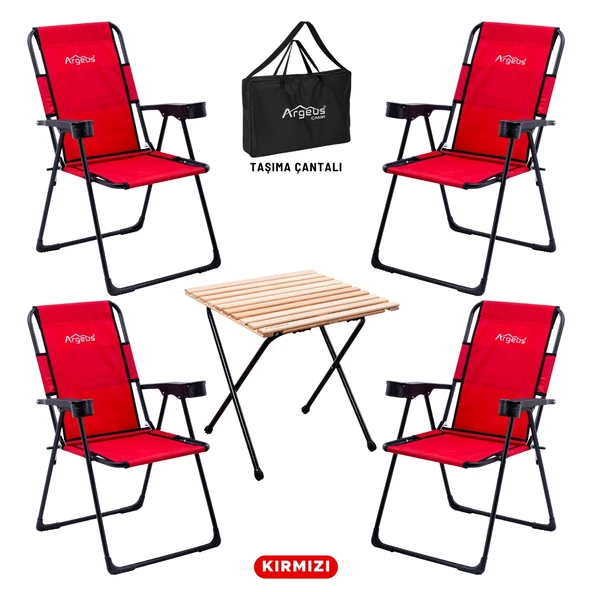 4 Adet Katlanır Kamp Sandalyesi ve Masa Seti - Rest - Taşıma Çantalı - Kırmızı - 130 KG Taşıma
