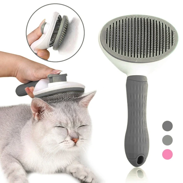 Kedi Tarağı - Otomatik Temizlenen Tuşlu - Gri (8601) - 2