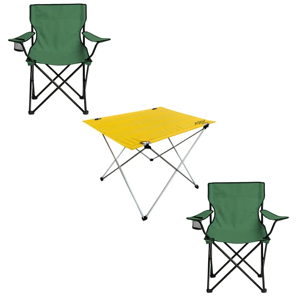 2 Adet Katlanır Kamp Sandalyesi ve Masa Seti - (DY.001) - Haki/Sarı - Plaj Sandalyesi - Resim 2