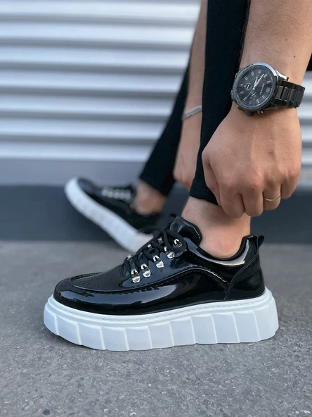 JY010 Cloud Bağcıklı Rugan Erkek Günlük Sneaker Ayakkabı RBT - Siyah - Resim 3
