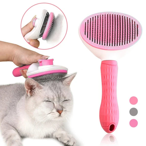 Kedi Tarağı - Otomatik Temizlenen Tuşlu - Pembe (8601) - 2