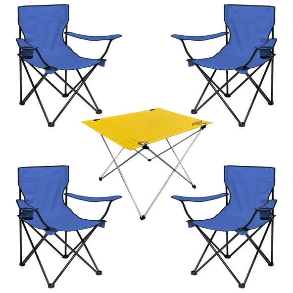 4 Adet Katlanır Kamp Sandalyesi ve Masa Seti - (DY.001) - Lacivert/Sarı - Plaj Sandalyesi