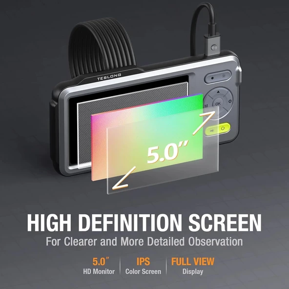 Teslong Çift Lensli Endüstriyel Endoskop 5 Inc Ekran - 5.5mm - 1.5m Kablo - 5