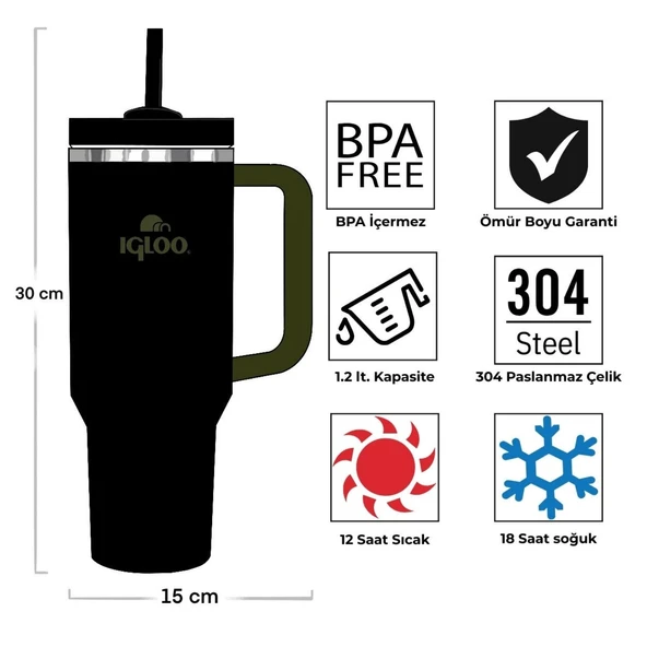 Çelik Mug Termos - Igloo - Stadler - 1.2 lt - Siyah/Haki - 205787 - 4