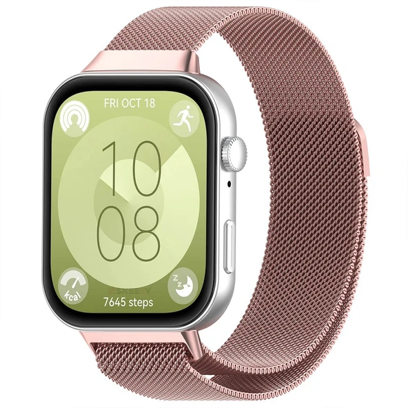 Huawei Watch Fit 3 Uyumlu Paslanmaz Hasır Örgü Metal Milano Kordon Strap  Rose - 1