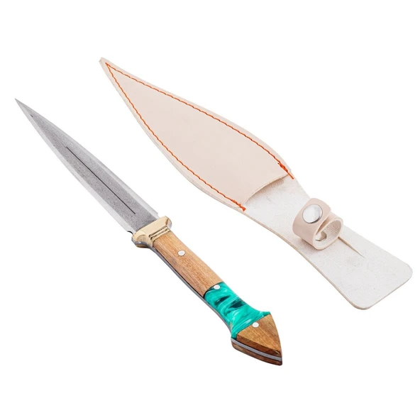 Çift Ağızlı Çerkez Bıçağı - Deri Kılıflı - Epoksi Sap - Büyük - Turkuaz - Resim 3