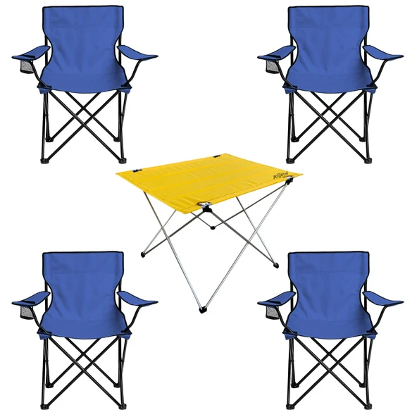 4 Adet Katlanır Kamp Sandalyesi ve Masa Seti - (DY.001) - Lacivert/Sarı - Plaj Sandalyesi - 2