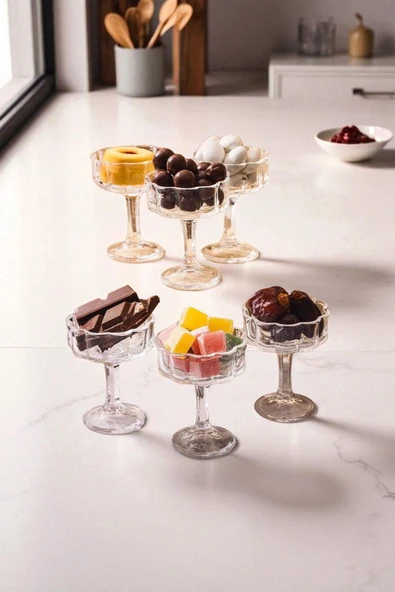 6'lı Cam Ayaklı Kahve Yanı Lokumluk Makaronluk Sunumluk - Kahvaltılık Mini Kase 50 ml