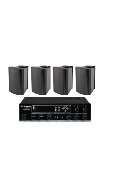 4 Adet 6,5'' Profesyonel Cafe, Okul , Mağaza Ses Sistemi, Amfi ve Hoparlör Hazır Set Siyah