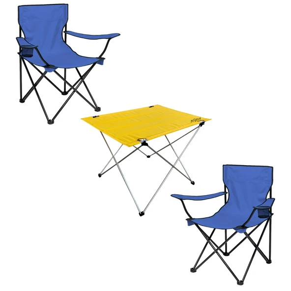 2 Adet Katlanır Kamp Sandalyesi ve Masa Seti - (DY.001) - Lacivert/Sarı - Plaj Sandalyesi