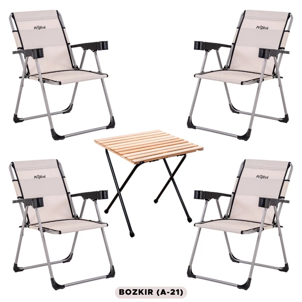 4 Adet Katlanır Kamp Sandalyesi ve Masa Seti - Rock - Bozkır - Bardaklıklı - 140 KG ürün görseli