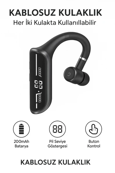 Kablosuz Tekli Bluetooth Kulaklık Buton Kontrollü, Her İki Kulakta Kullanıma Uygun Göstergeli