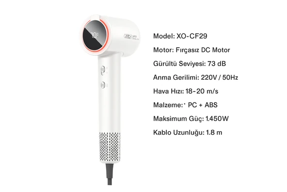 CF29 Dijital Ekranlı Saç Kurutma Makinesi  1450W, 3 Kademeli Hız & 4 Kademeli Sıcaklık Kontrolü - 5