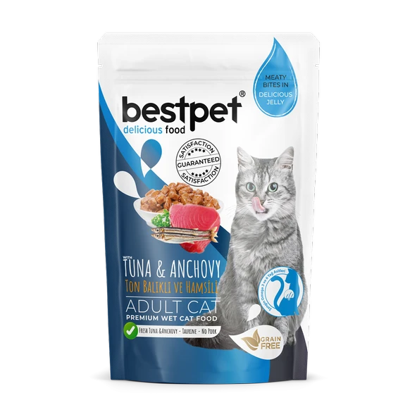 Bestpet Yetişkin Kediler İçin, Tahılsız, Jöle İçinde Tuna Ve Hamsi Parça Etli Yaş Mama 85 gr