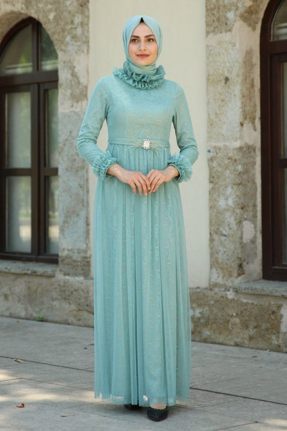 Kemer Detaylı Tül Tesettür Abiye Elbise - Mint