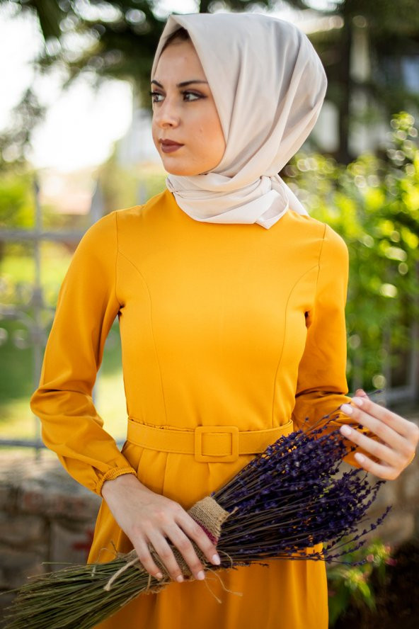 Kemerli Kalem Tesettür Elbise - Hardal - 2