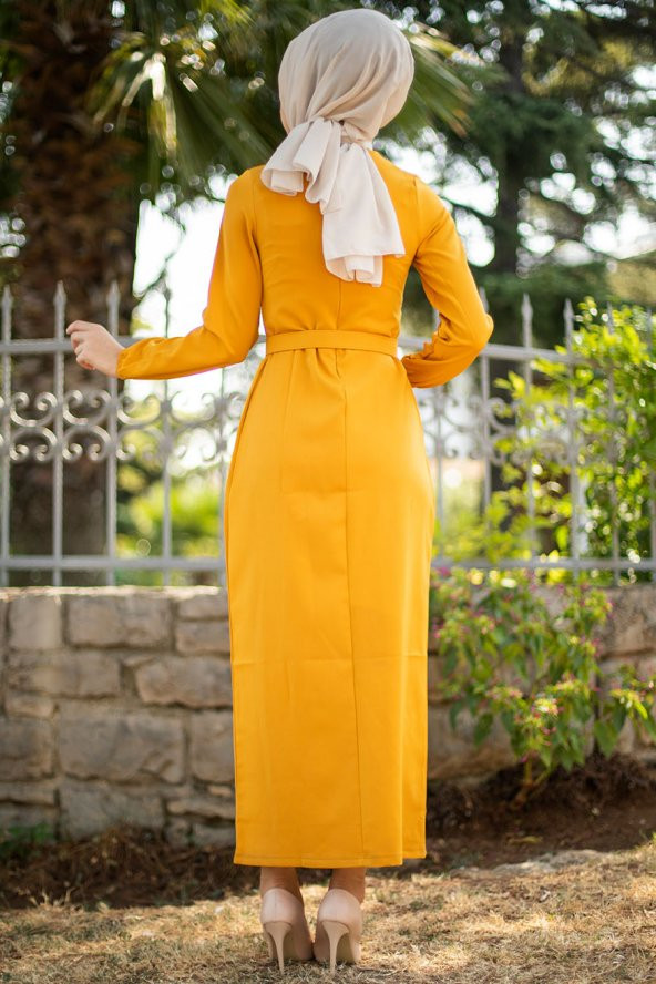 Kemerli Kalem Tesettür Elbise - Hardal - 3