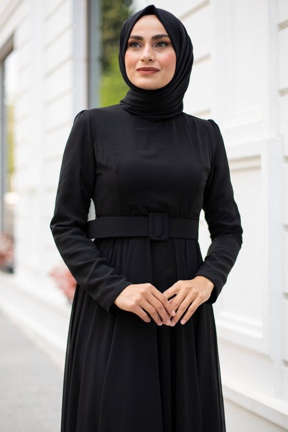 Kemerli Şifon Tesettür Abiye Elbise - Siyah - 3