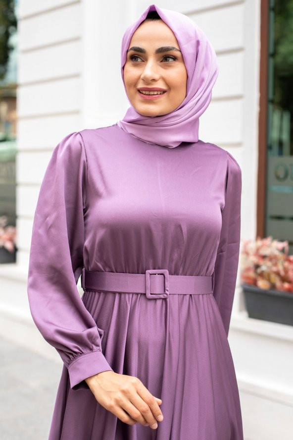 Kemerli Tesettür Abiye Elbise - Lila - 2