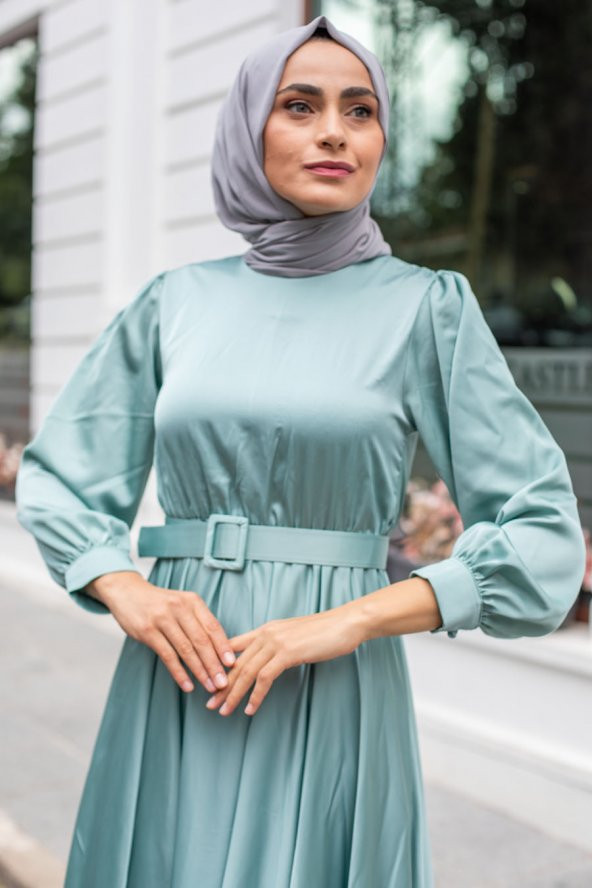 Kemerli Tesettür Abiye Elbise - Mint - 2