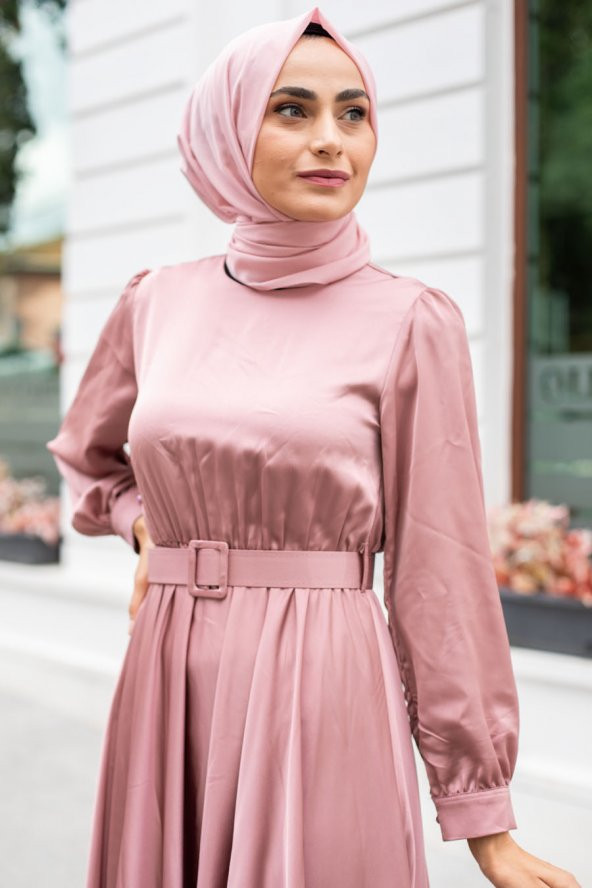 Kemerli Tesettür Abiye Elbise - Pudra - 2