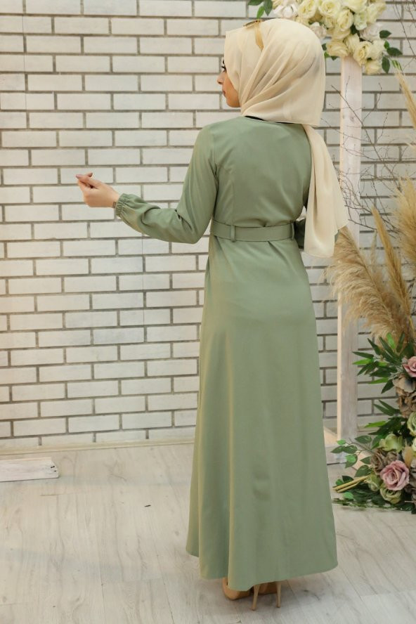 Kemerli Tesettür Elbise - Çağla Yeşili - 3