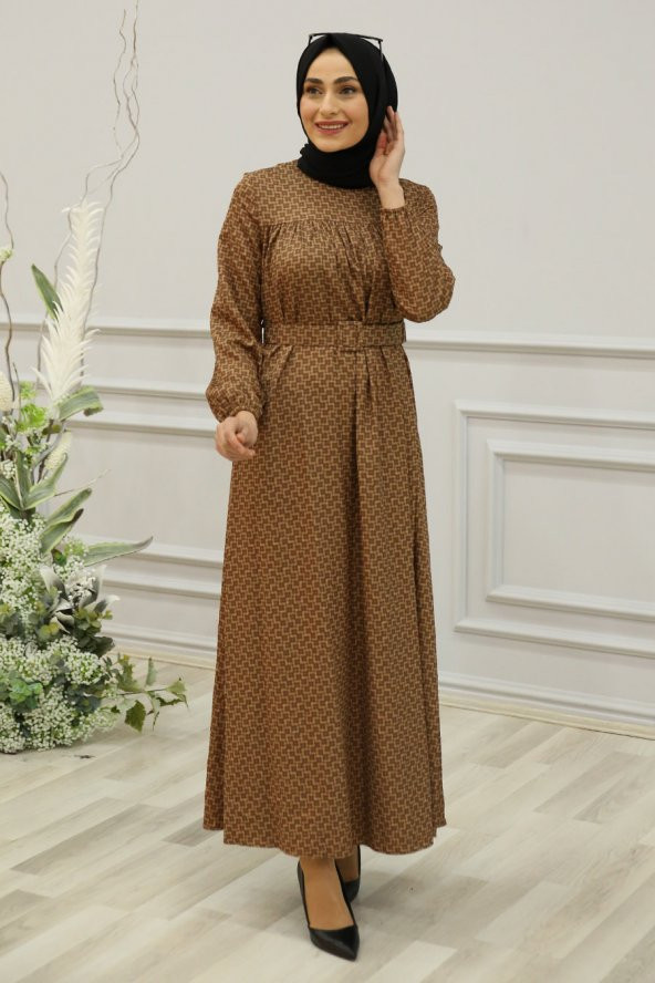 Kemerli Tesettür Elbise - Taba - 1
