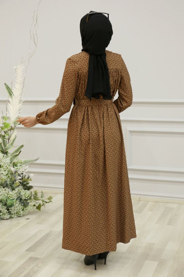 Kemerli Tesettür Elbise - Taba - 3