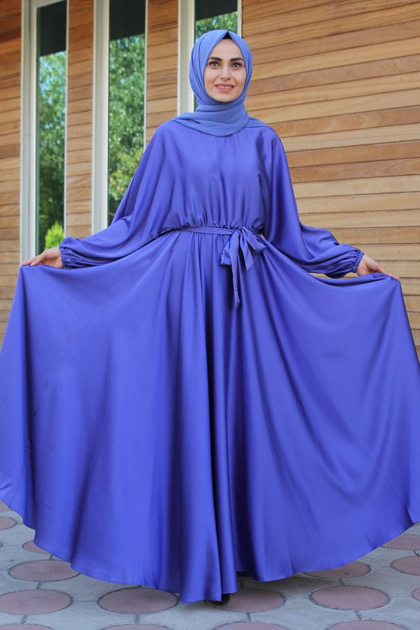 Kloş Model Tesettür Abiye Elbise - İndigo - 1